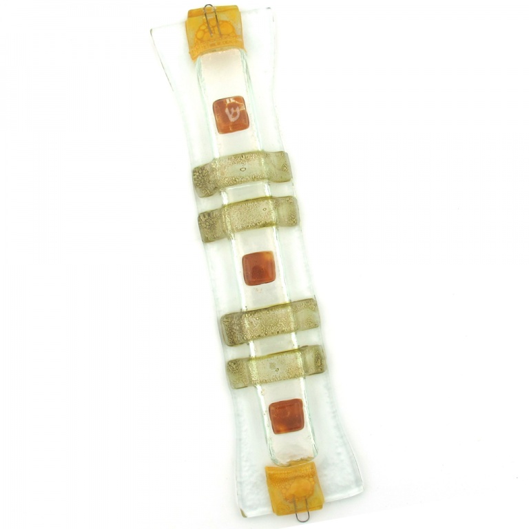Amber and Gold Stripes and Squares Glass Mezuzah