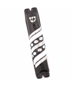 Black, White, and Silver Stripes and Polka Dots Glass Mezuzah