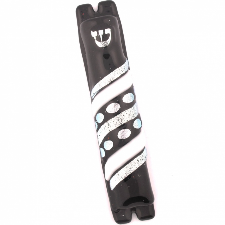 Black, White, and Silver Stripes and Polka Dots Glass Mezuzah