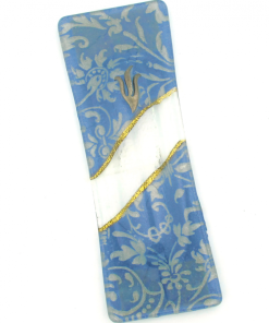 Blue Floral and Gold Stripe Glass Mezuzah