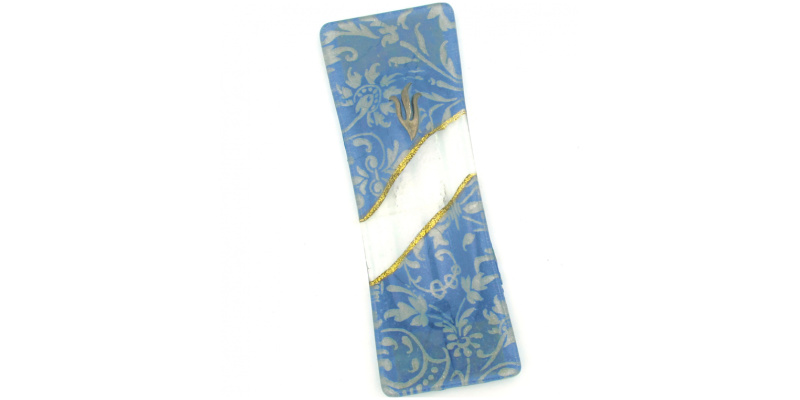 Blue Floral and Gold Stripe Glass Mezuzah