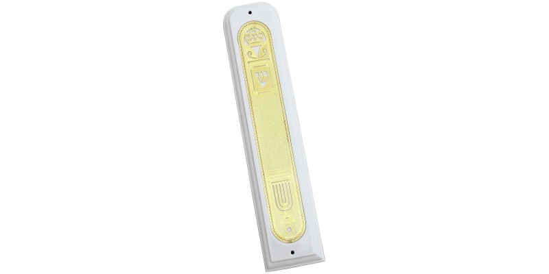 Elegant Mezuzah White with Golden Metal - Large
