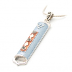 Enameled Blue Mezuzah Necklace Pendant with Crystals