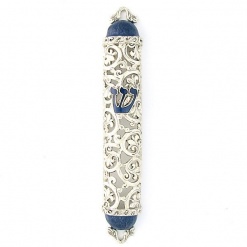 Filigree Mezuzah in Blue and Silver