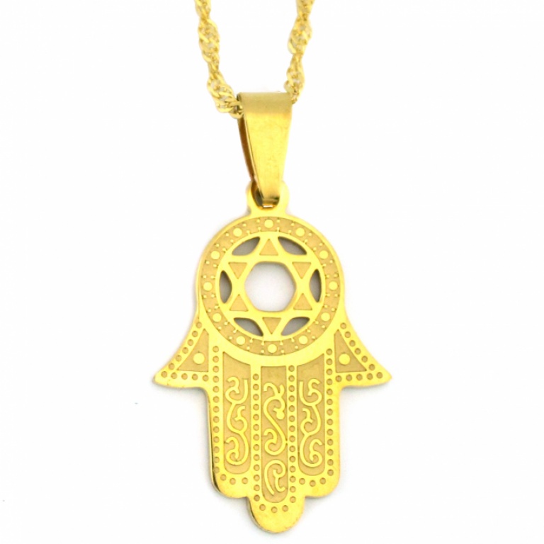 Gold Hamsa and Jewish Star Necklace
