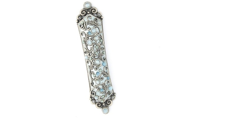 Intricate Mezuzah in Light Blue