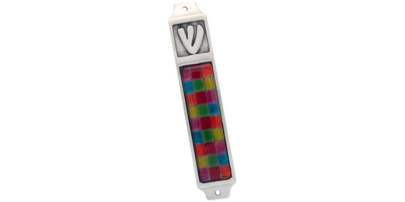 Metal and Glass Checkered Rainbow Mezuzah