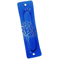 Recycled Bottle Mezuzah - Blue with Silver Tree of life
