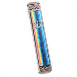 Shimmery Rainbow Fused Glass on Metal Mezuzah
