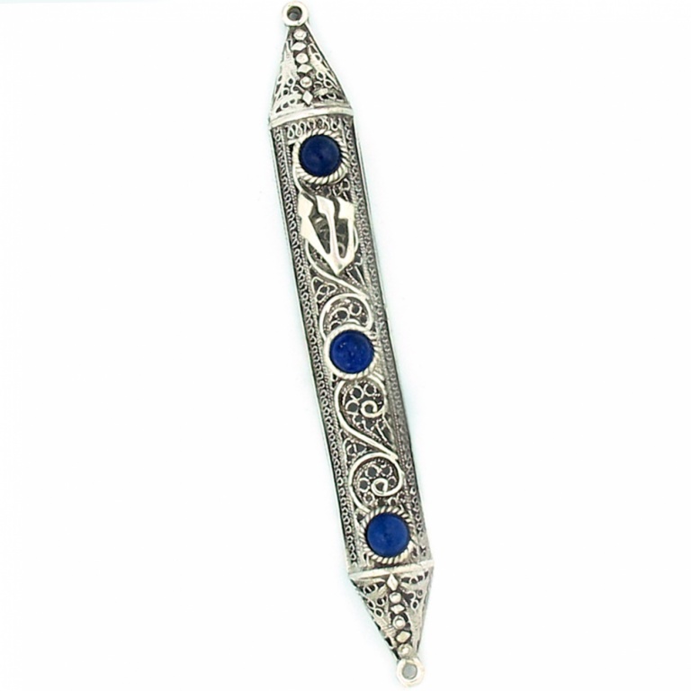 Sterling Silver Filigree with Sapphire Persian Mezuzah