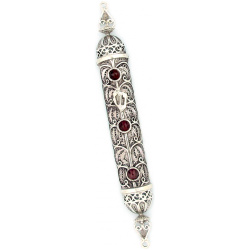 Sterling Silver with Garnet 12 Windows Filigree Mezuzah