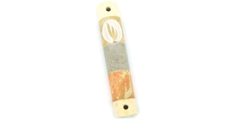 Striped Marble Mezuzah with Encircled Shin - Orange and Grey - Small