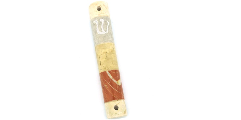 Striped Marble Mezuzah with Script Shin - Orange and Grey - Small