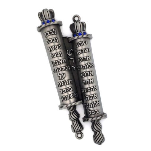 Torah scroll mezuzah with two crowns and blue gems - A